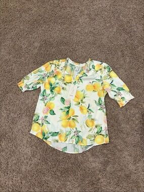 Joie Flowy Lightweight White Lemon-Print Blouse with Yellow and Green